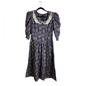 Gunne Sax 1980s Prairie Cottagecore Purple Floral Lace Collar Midi Dress